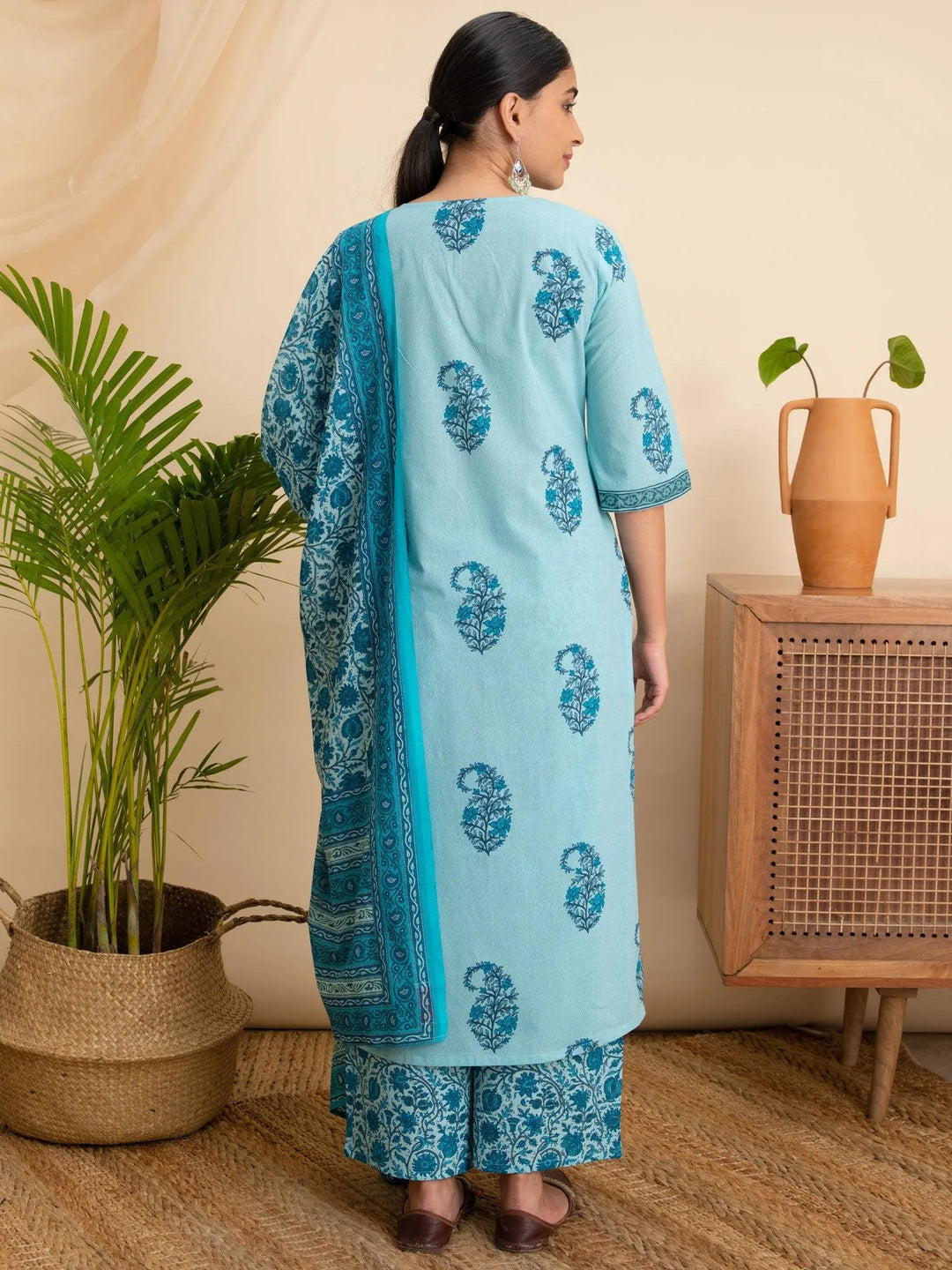 Turquoise Blue Printed Cotton Suit Set - Libas