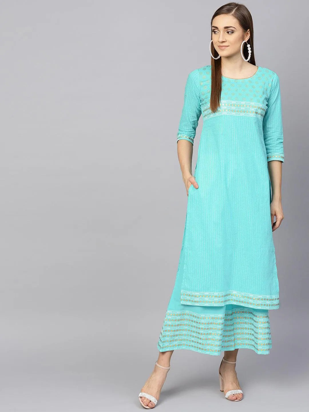 Turquoise Blue Printed Cotton Kurta Set - Libas