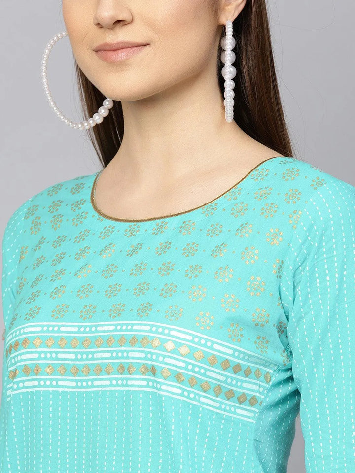 Turquoise Blue Printed Cotton Kurta Set - Libas