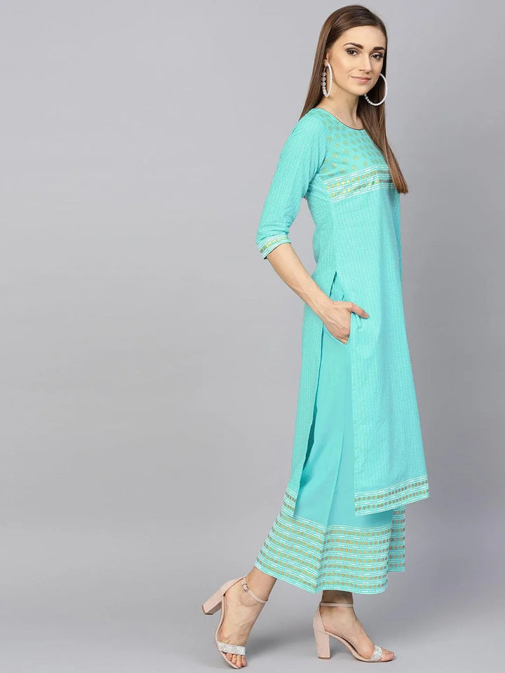 Turquoise Blue Printed Cotton Kurta Set - Libas