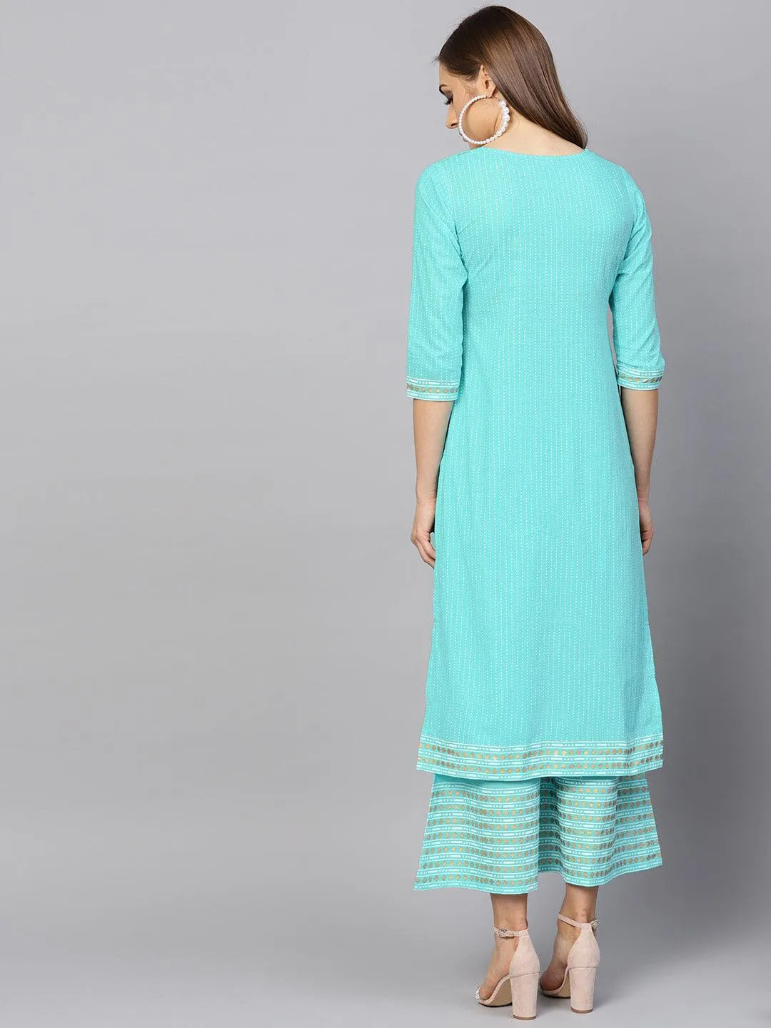 Turquoise Blue Printed Cotton Kurta Set - Libas