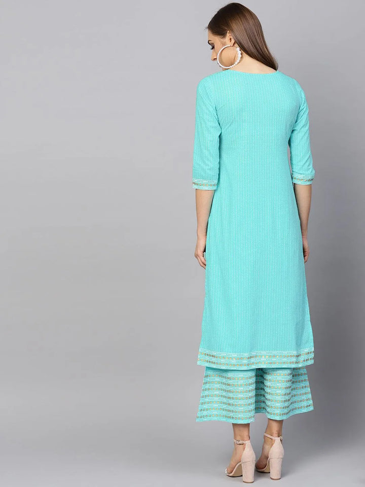 Turquoise Blue Printed Cotton Kurta Set - Libas