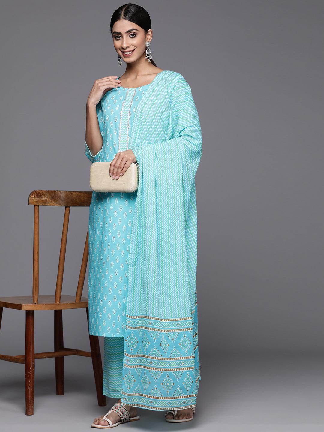 Turquoise Blue Printed Cotton Straight Kurta With Trousers & Dupatta - Libas