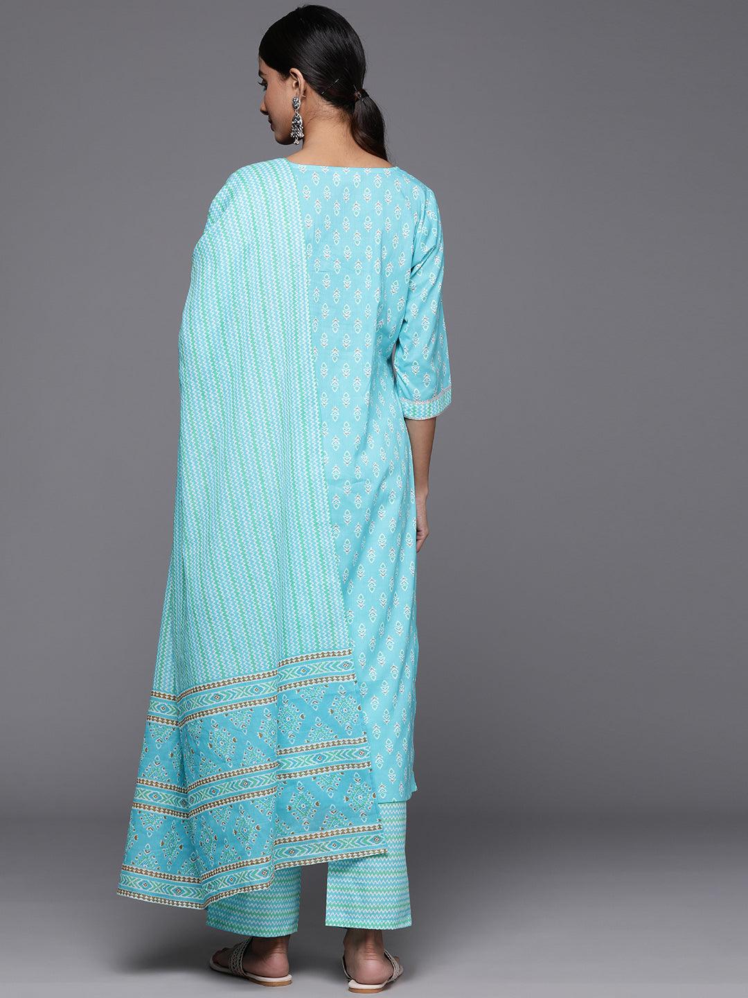 Turquoise Blue Printed Cotton Straight Kurta With Trousers & Dupatta - Libas