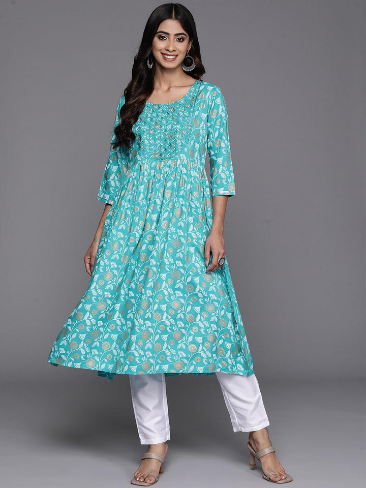 Turquoise Blue Printed Rayon A-Line Kurta - Libas