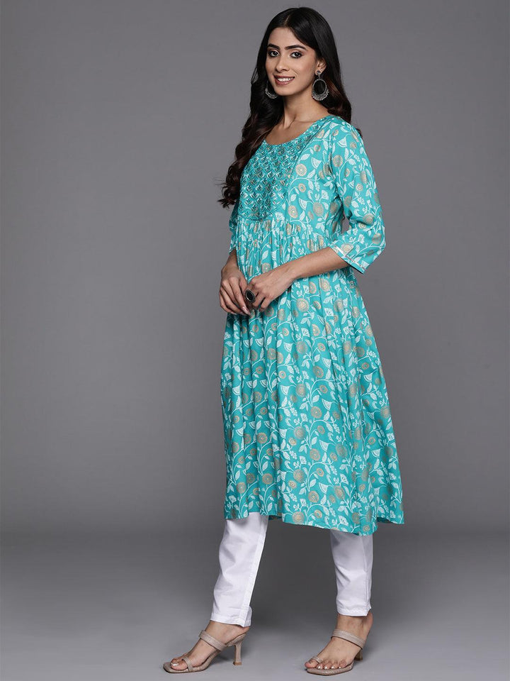 Turquoise Blue Printed Rayon A-Line Kurta - Libas