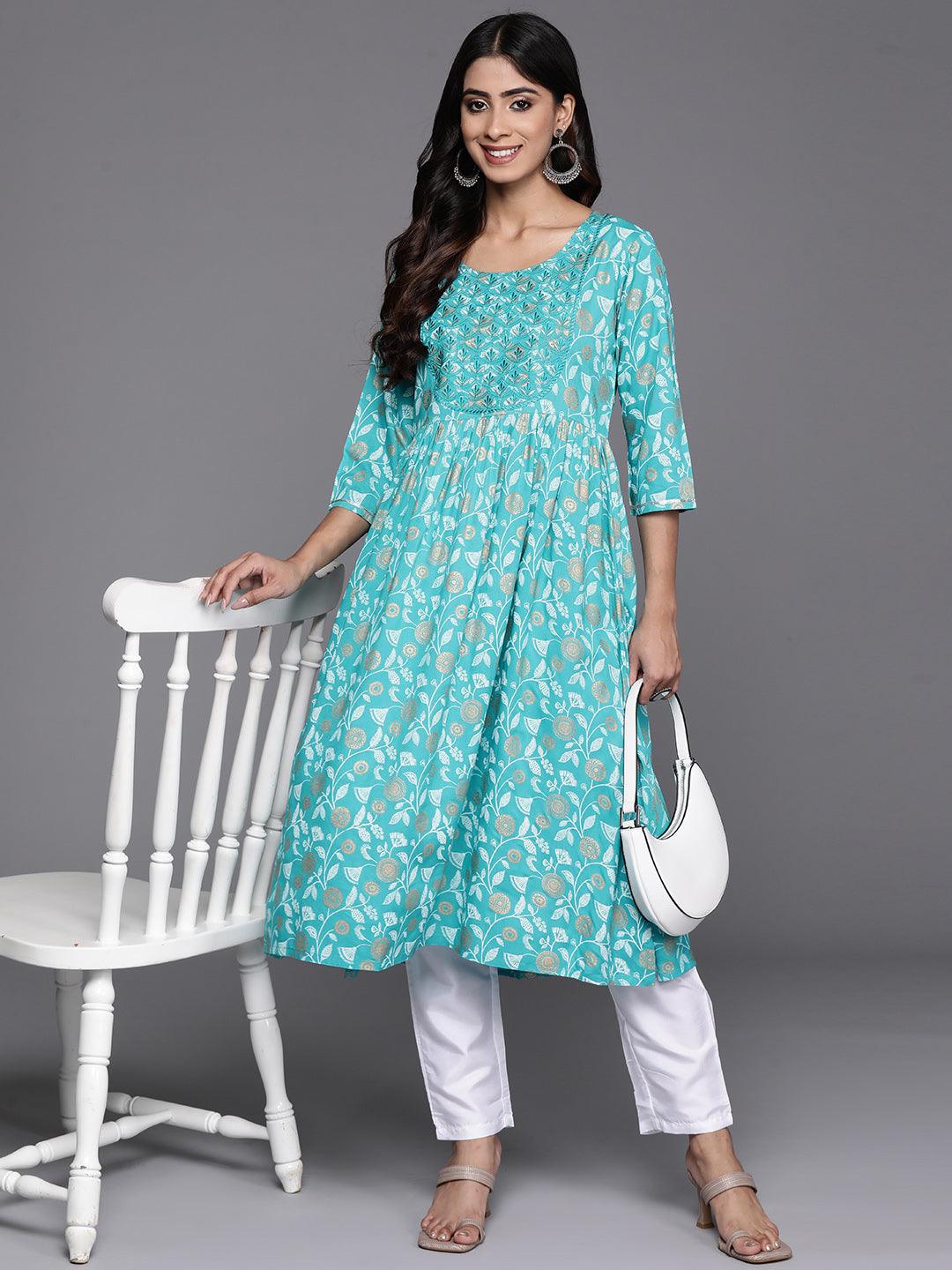 Turquoise Blue Printed Rayon A-Line Kurta - Libas