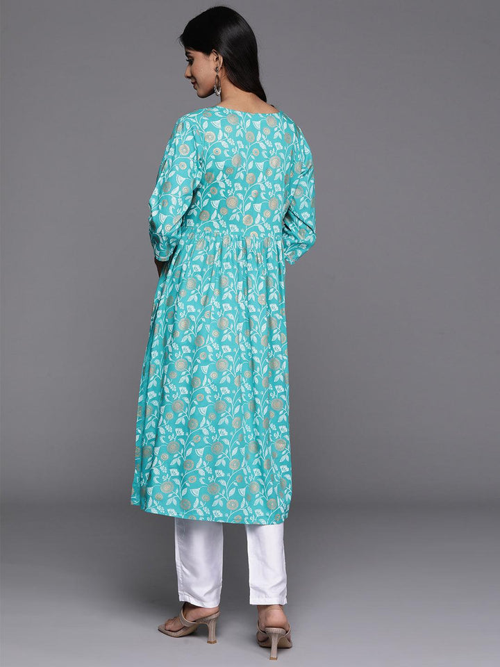 Turquoise Blue Printed Rayon A-Line Kurta - Libas