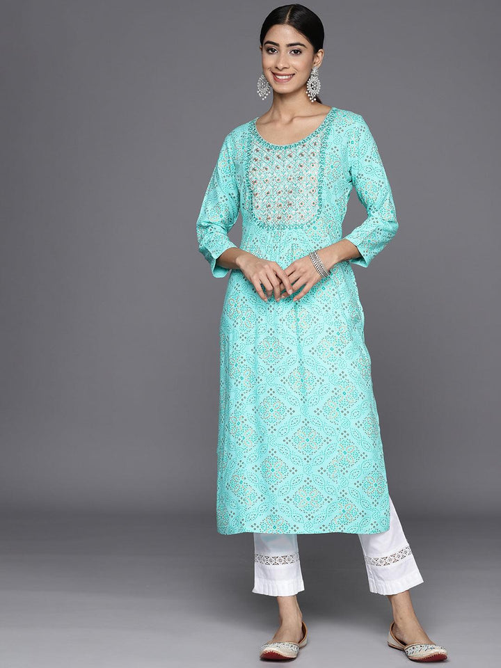 Turquoise Blue Printed Rayon Straight Kurta - Libas