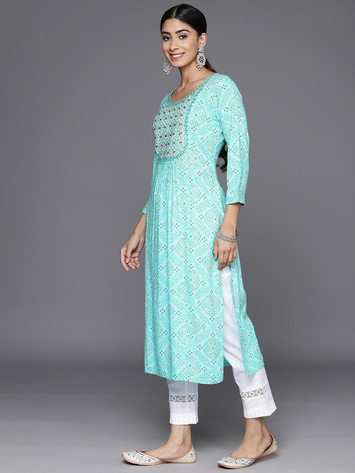 Turquoise Blue Printed Rayon Straight Kurta - Libas