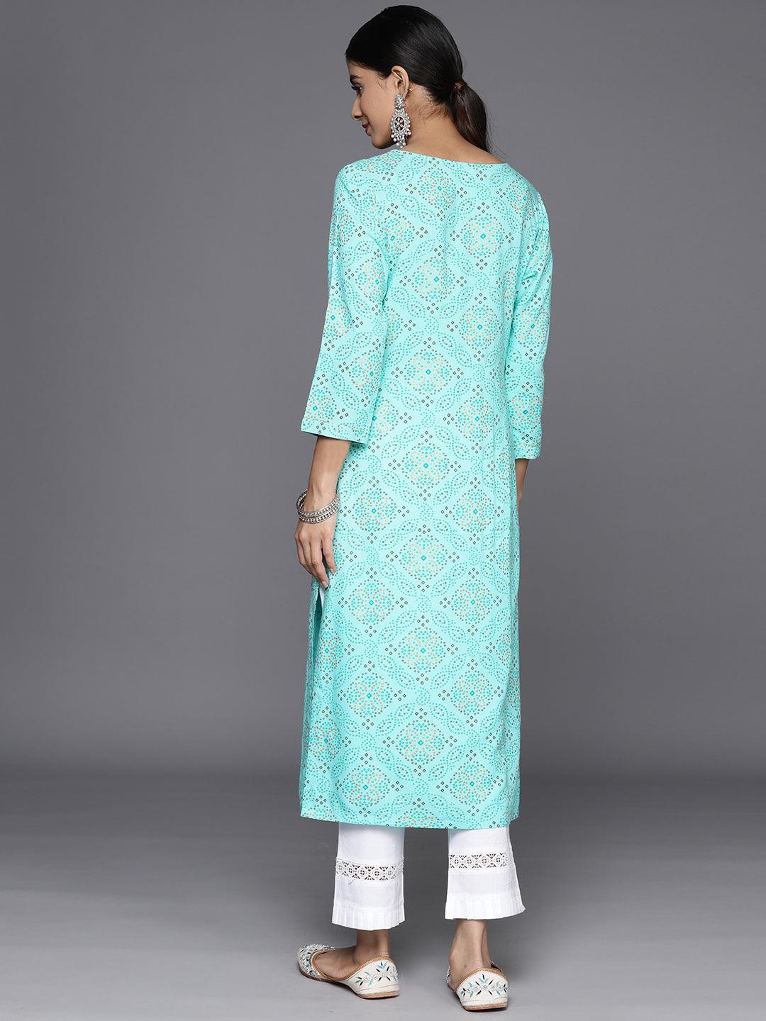 Turquoise Blue Printed Rayon Straight Kurta - Libas