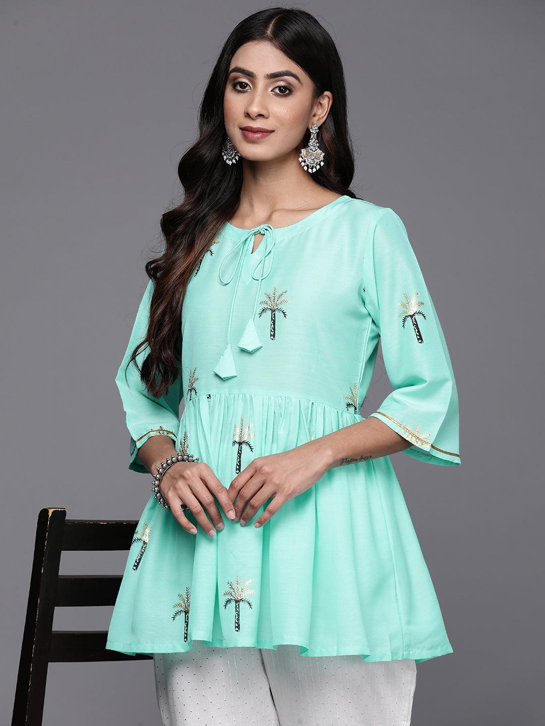 Turquoise Blue Printed Silk Blend Kurti - Libas 