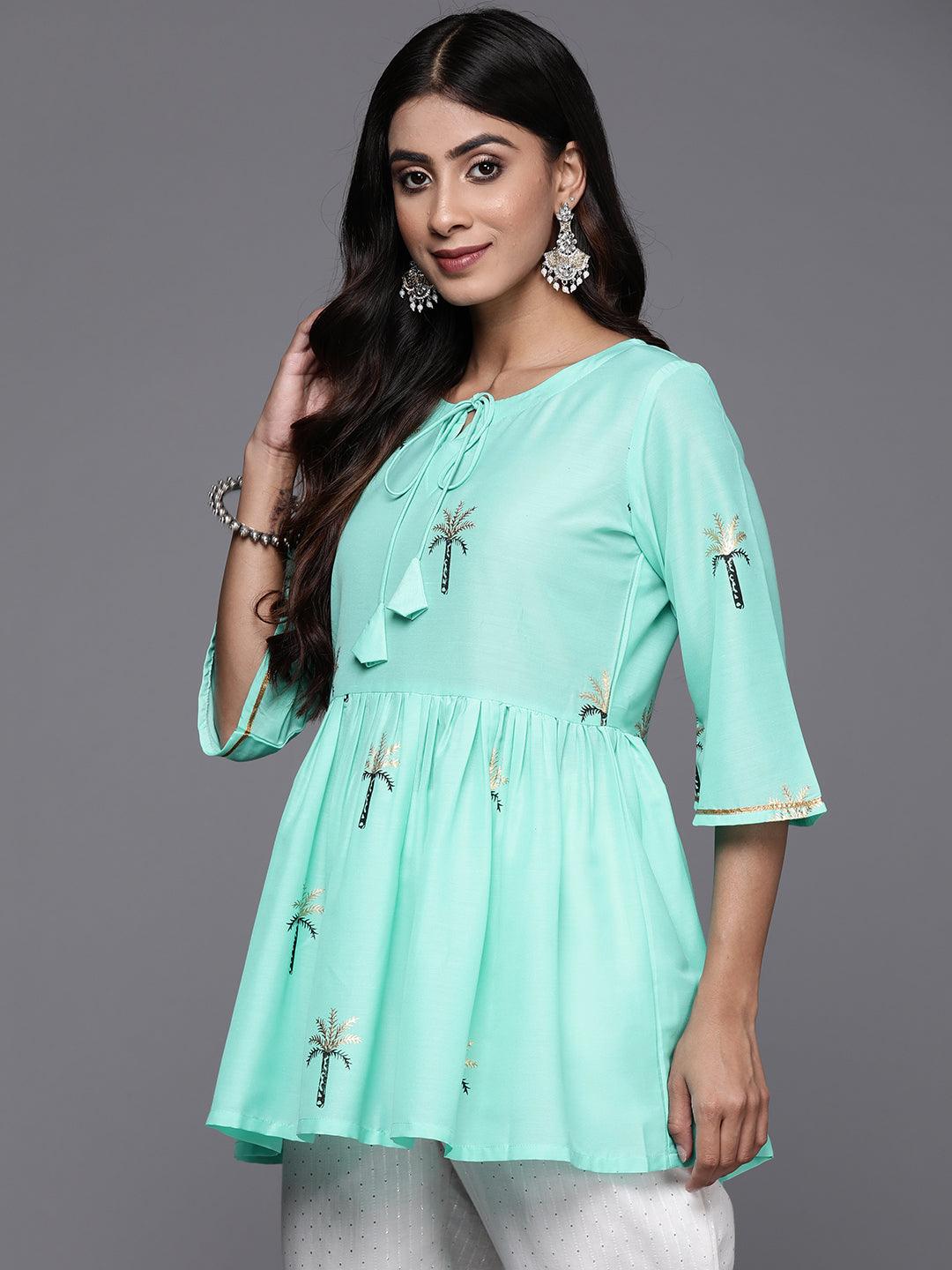 Turquoise Blue Printed Silk Blend Kurti - Libas 