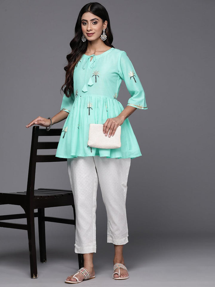 Turquoise Blue Printed Silk Blend Kurti - Libas