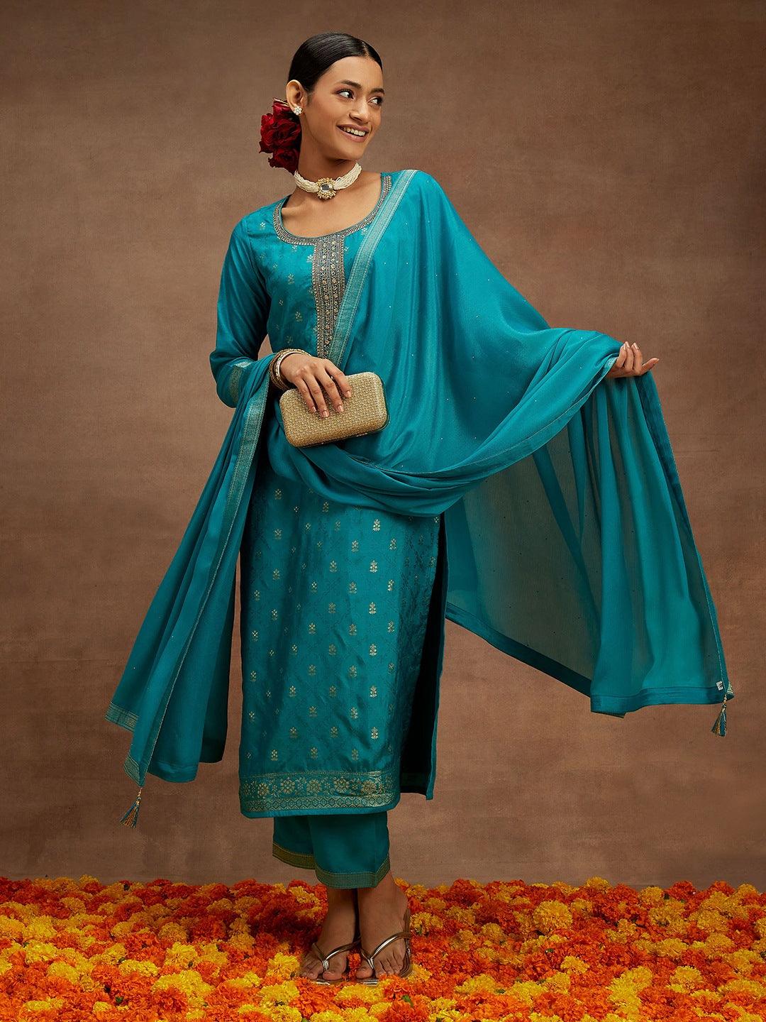 Turquoise Blue Printed Silk Blend Straight Kurta With Trousers & Dupatta - Libas