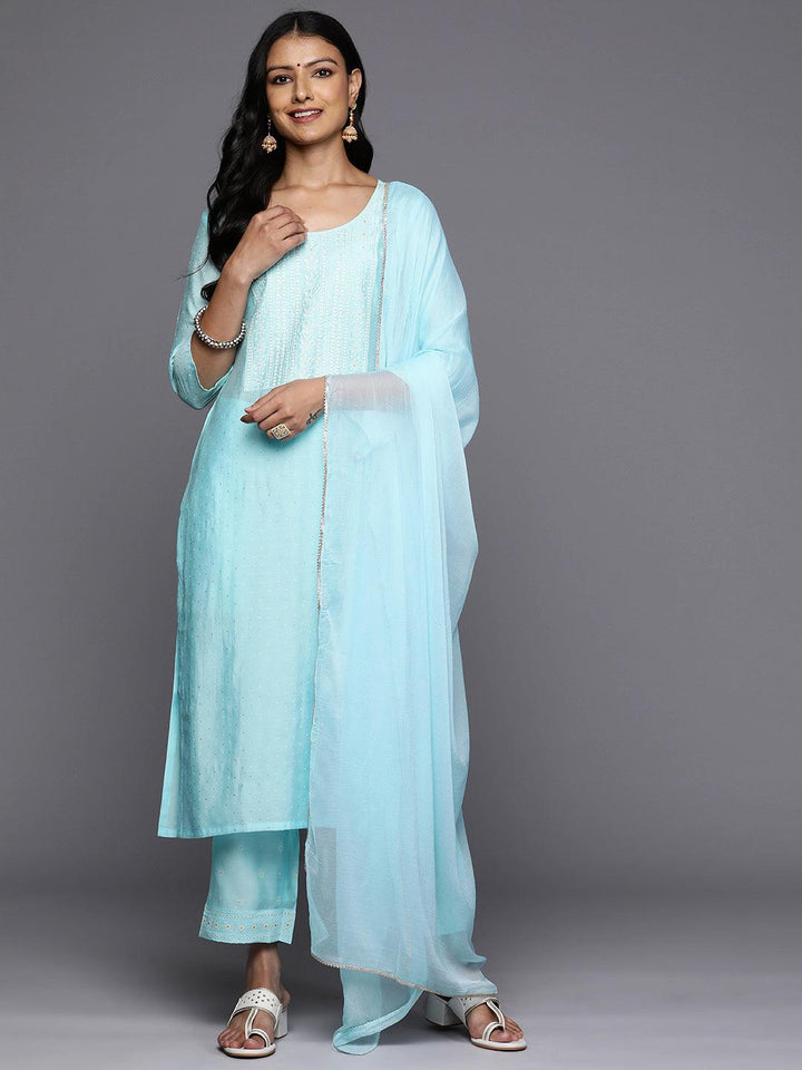 Turquoise Blue Printed Silk Blend Straight Kurta With Trousers & Dupatta - Libas