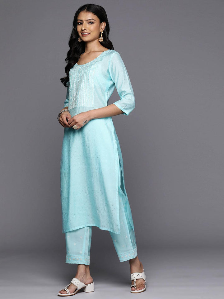 Turquoise Blue Printed Silk Blend Straight Kurta With Trousers & Dupatta - Libas