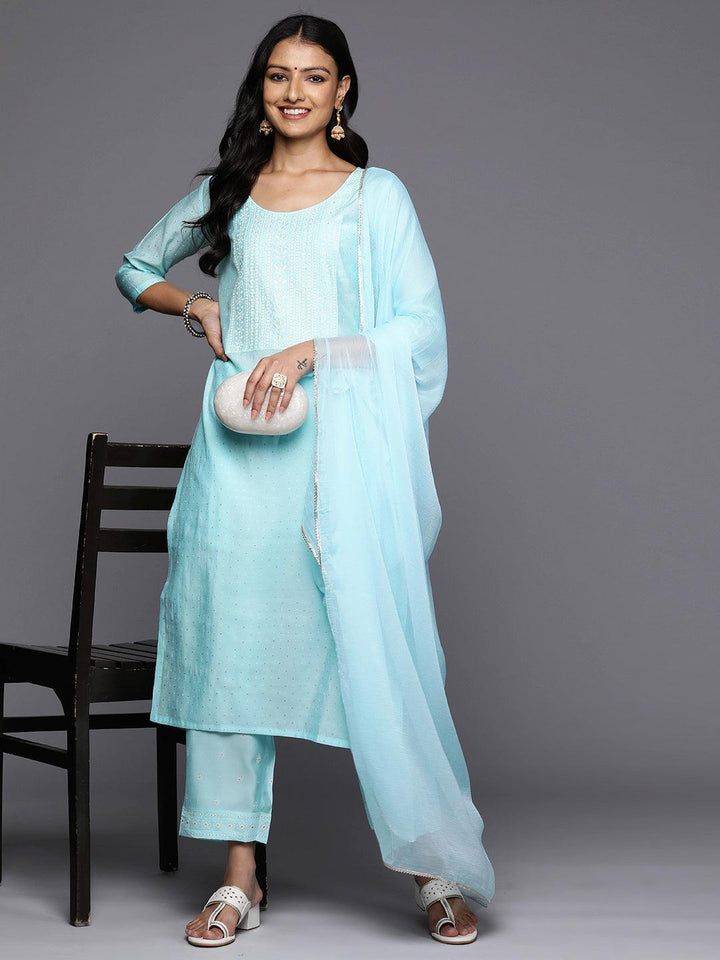 Turquoise Blue Printed Silk Blend Straight Kurta With Trousers & Dupatta - Libas