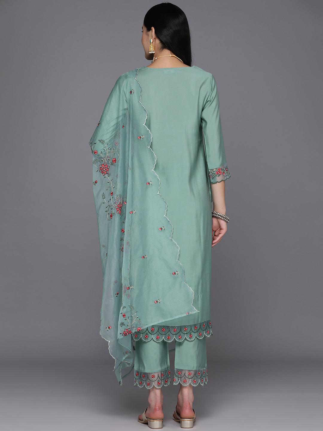 Turquoise Blue Printed Silk Blend Straight Kurta With Trousers & Dupatta - Libas