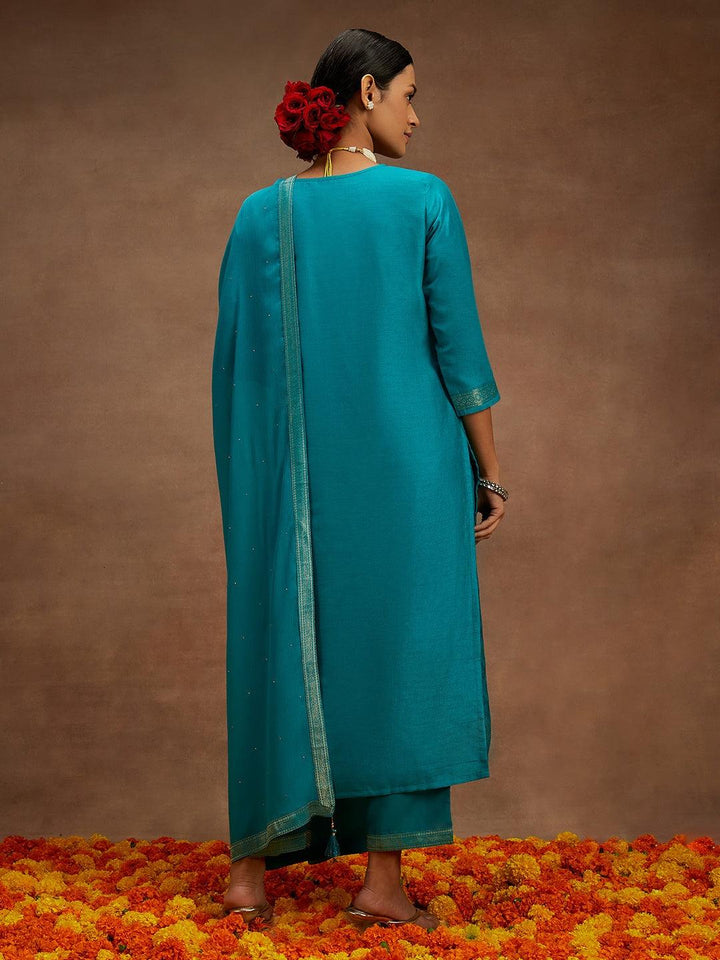 Turquoise Blue Printed Silk Blend Straight Kurta With Trousers & Dupatta - Libas