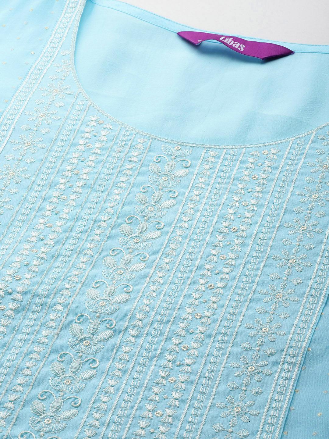 Turquoise Blue Printed Silk Blend Straight Kurta With Trousers & Dupatta - Libas