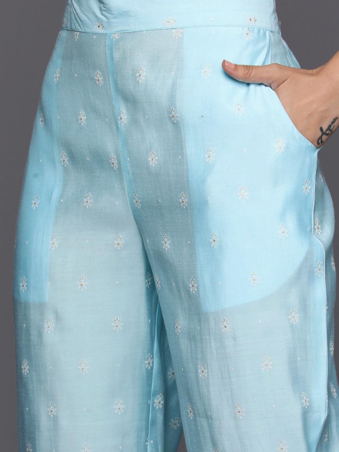 Turquoise Blue Printed Silk Blend Straight Kurta With Trousers & Dupatta - Libas