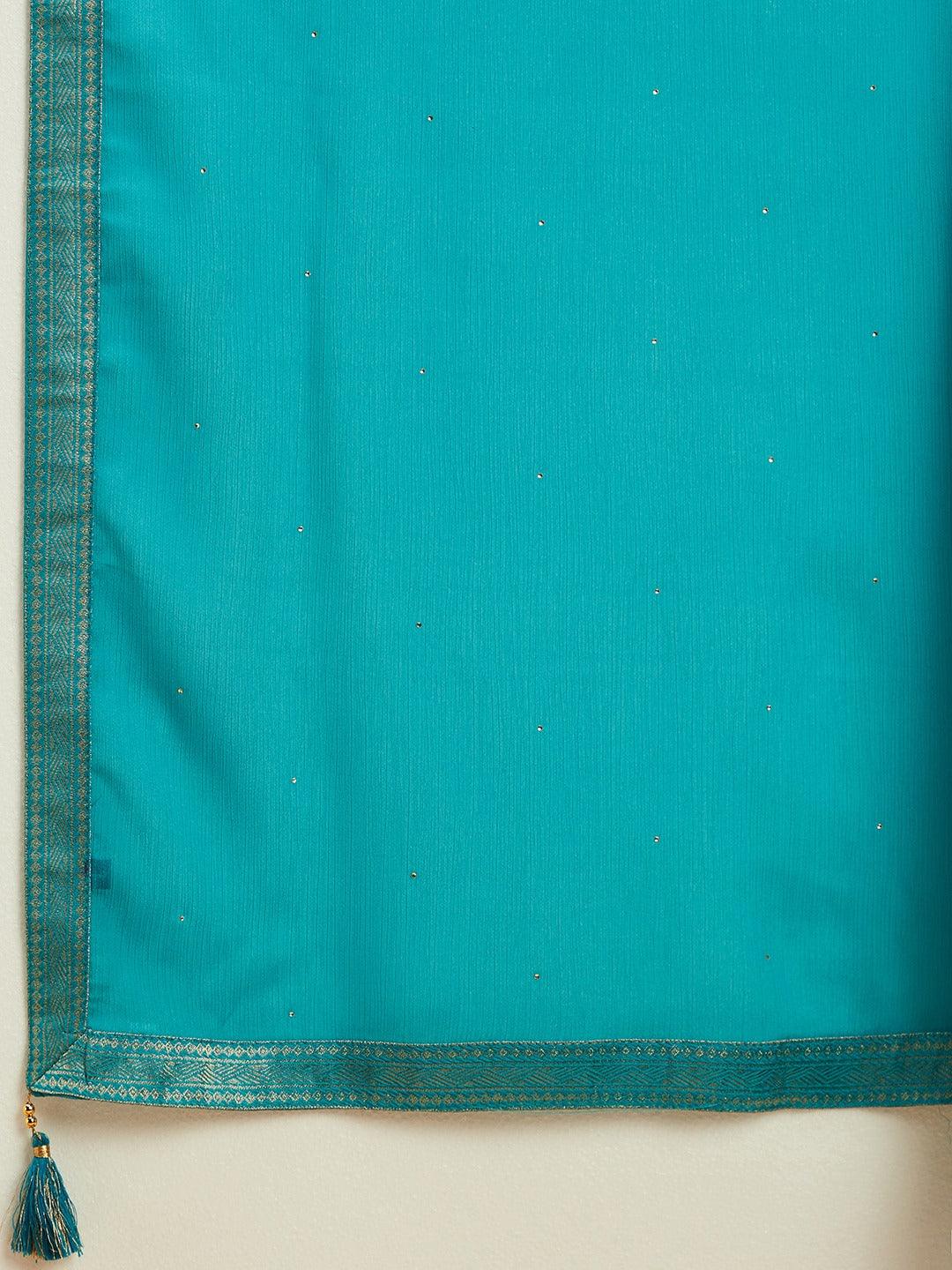 Turquoise Blue Printed Silk Blend Straight Kurta With Trousers & Dupatta - Libas