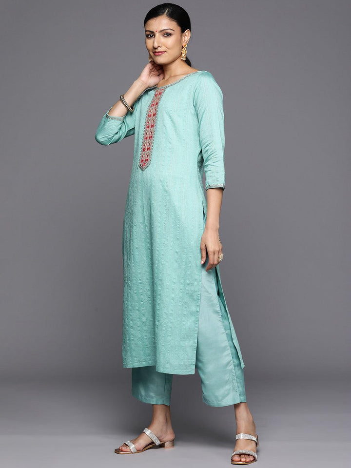 Turquoise Blue Self Design Rayon Straight Kurta With Trousers & Dupatta - Libas