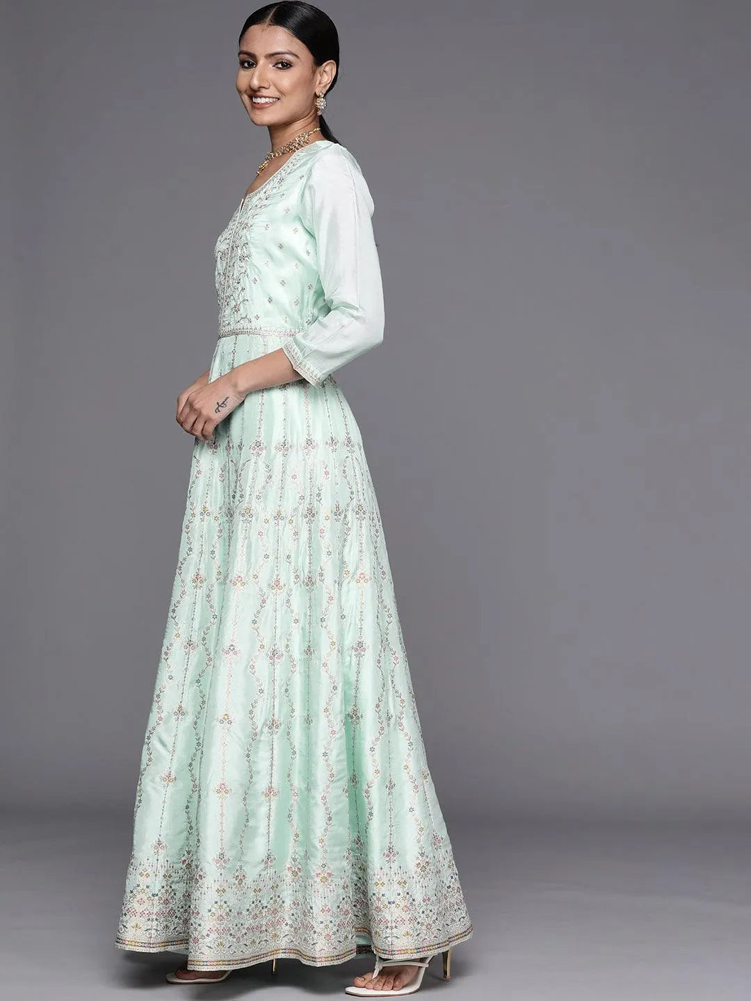 Turquoise Blue Self Design Silk Anarkali Suit Set - Libas 