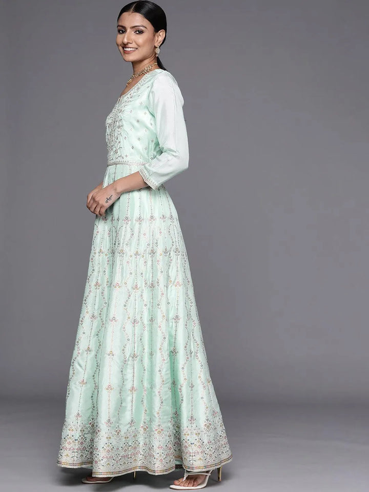 Turquoise Blue Self Design Silk Anarkali Suit Set - Libas