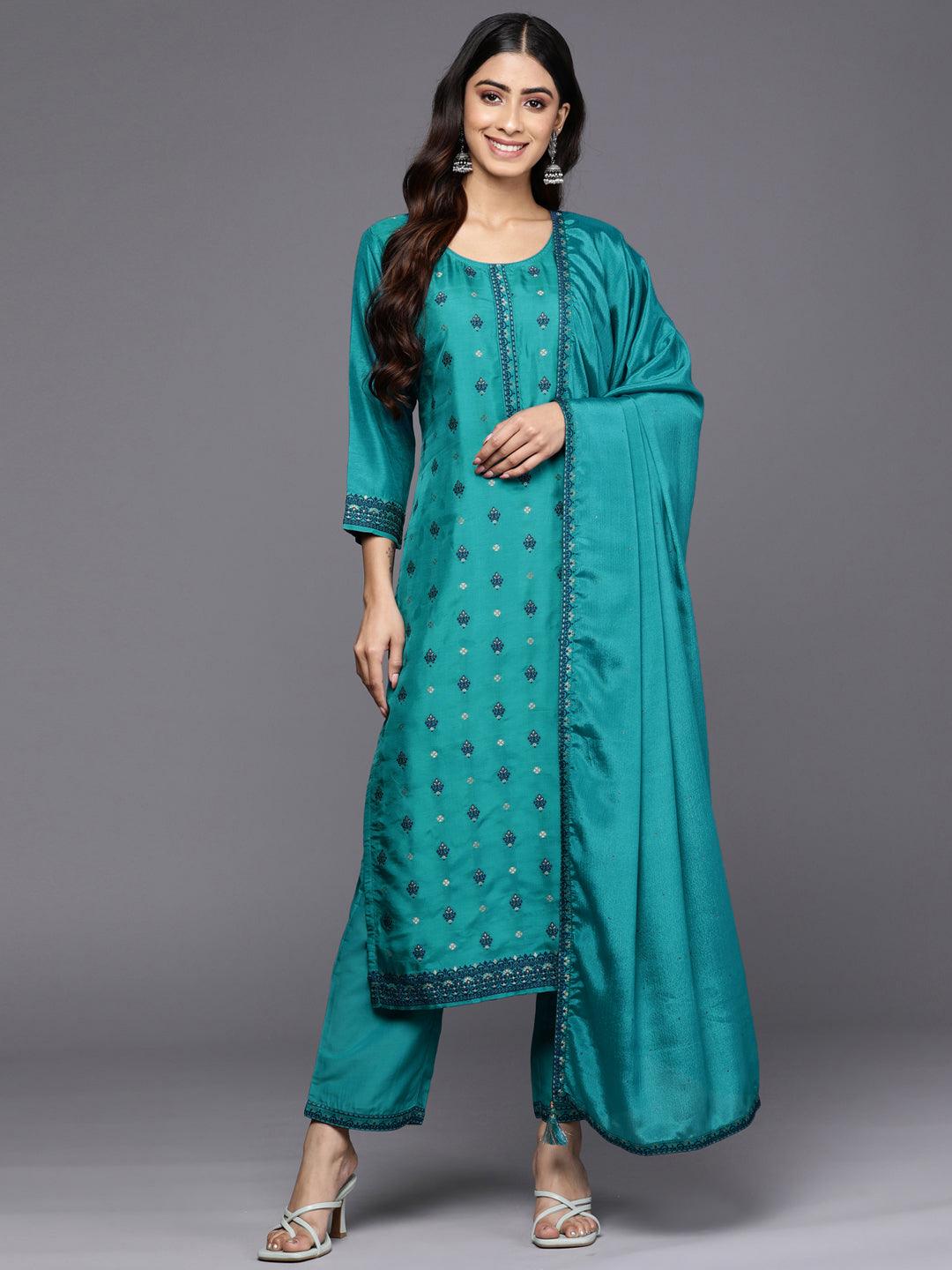 Turquoise Blue Self Design Silk Blend Straight Suit Set With Trousers - Libas