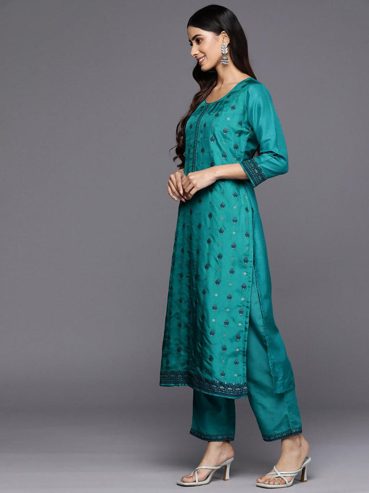 Turquoise Blue Self Design Silk Blend Straight Suit Set With Trousers - Libas