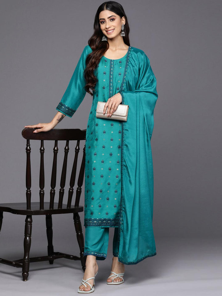 Turquoise Blue Self Design Silk Blend Straight Suit Set With Trousers - Libas