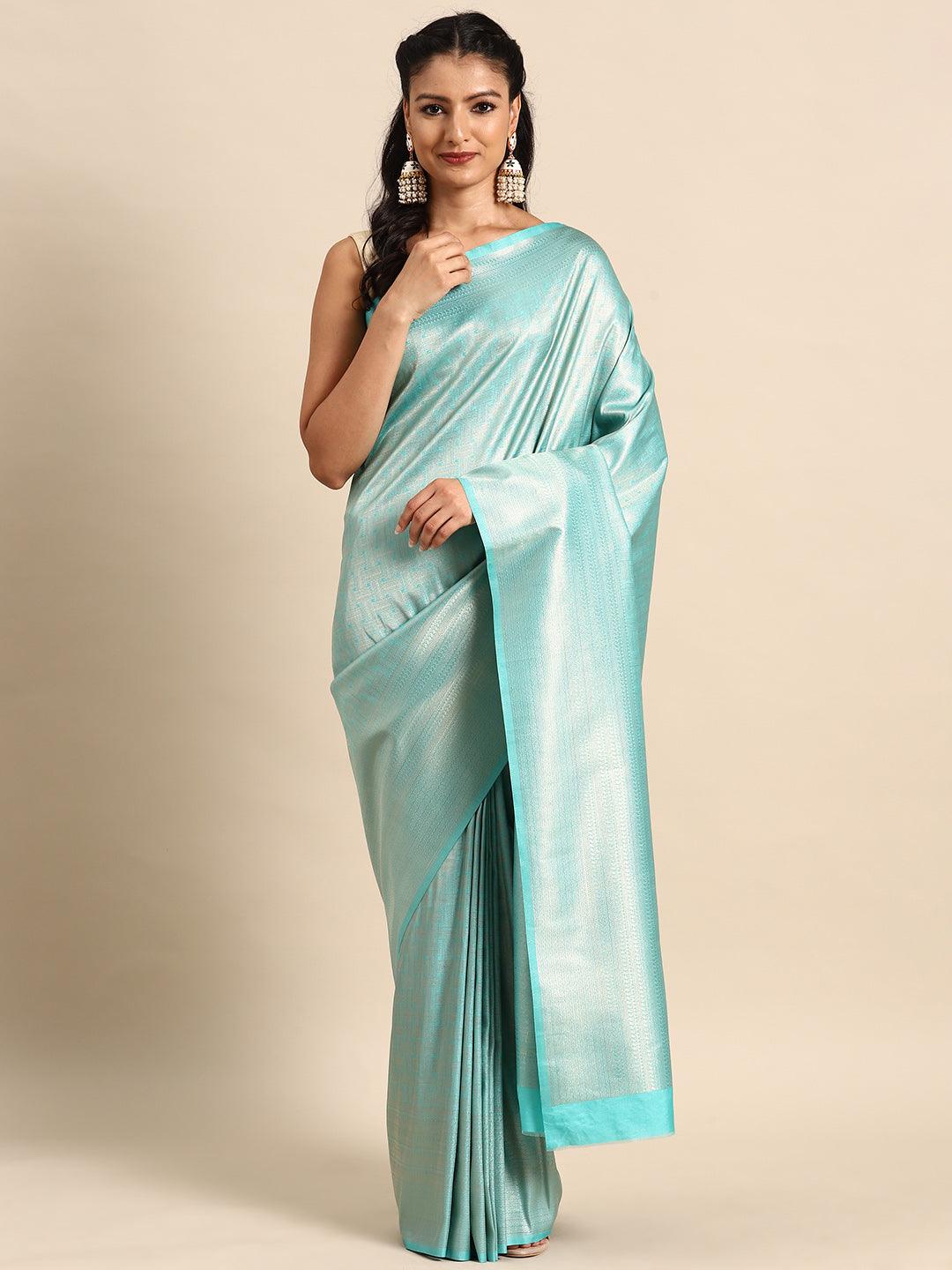 Turquoise Blue Woven Design Brocade Saree - Libas