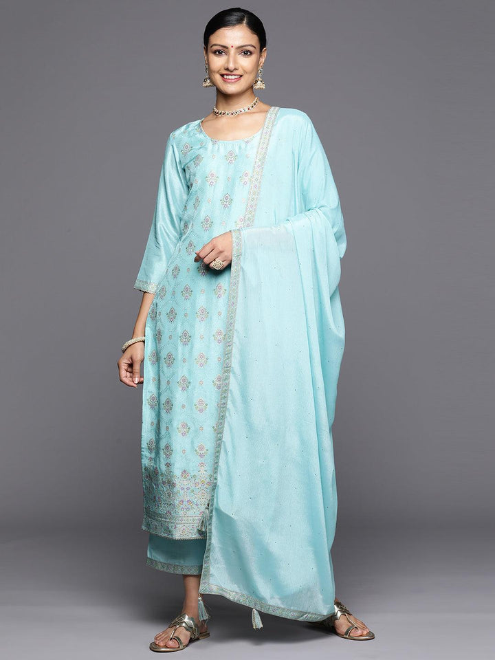 Turquoise Blue Woven Design Silk Blend Straight Kurta With Trousers & Dupatta - Libas