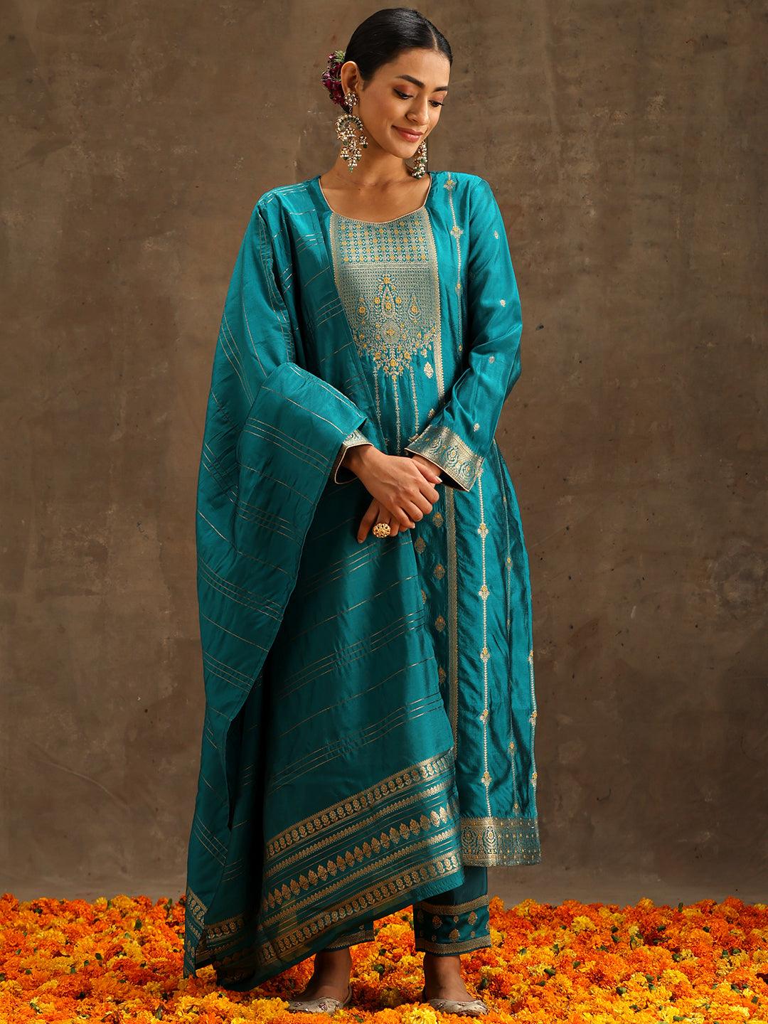 Turquoise Blue Woven Design Silk Blend Straight Kurta With Trousers & Dupatta