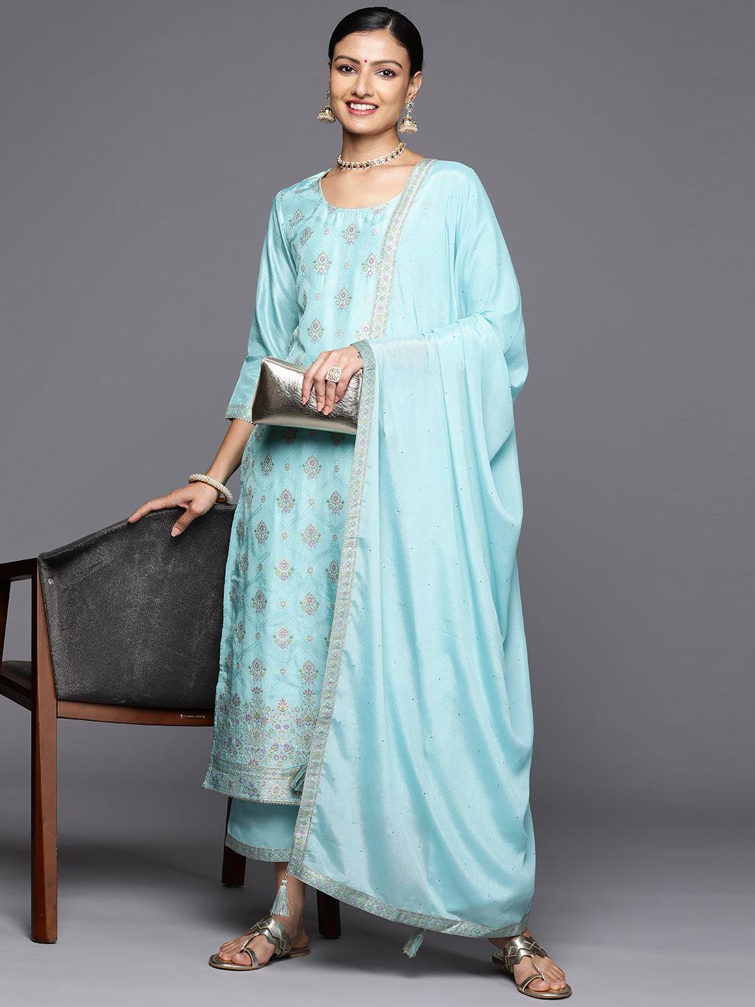 Turquoise Blue Woven Design Silk Blend Straight Kurta With Trousers & Dupatta - Libas