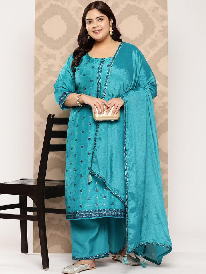 Turquoise Blue Woven Design Silk Blend Straight Kurta With Trousers and Dupatta - Libas