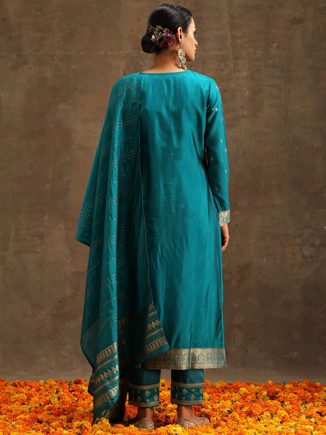 Turquoise Blue Woven Design Silk Blend Straight Kurta With Trousers & Dupatta