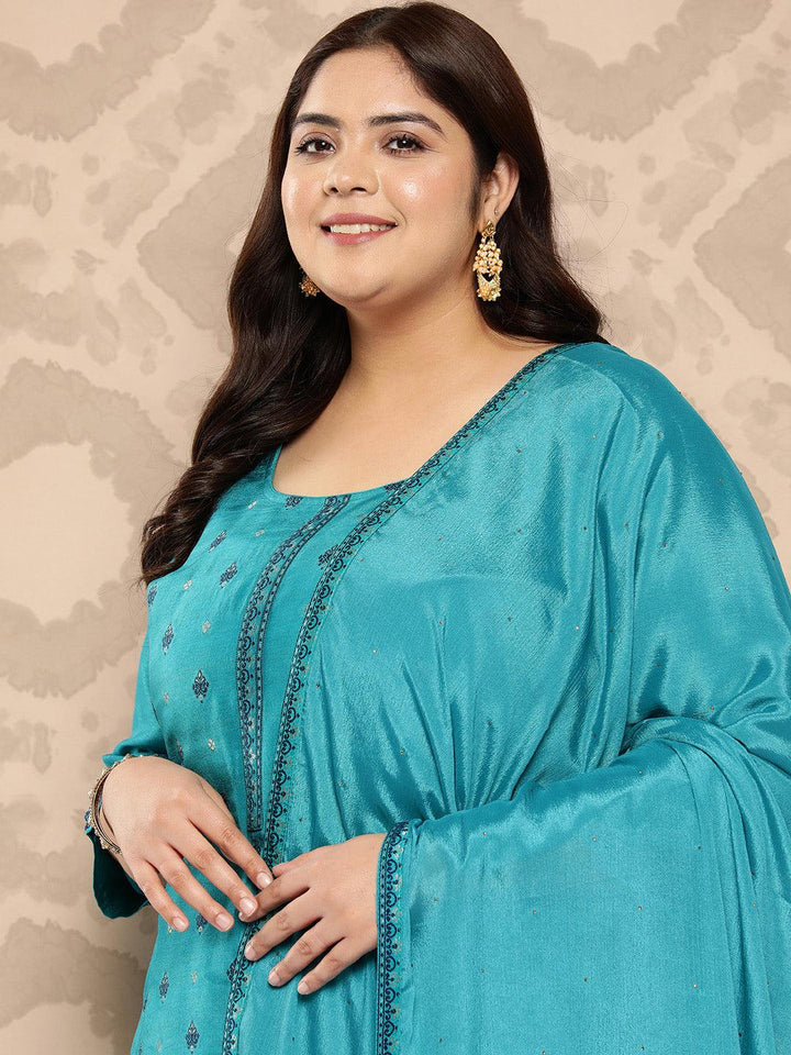 Turquoise Blue Woven Design Silk Blend Straight Kurta With Trousers and Dupatta - Libas