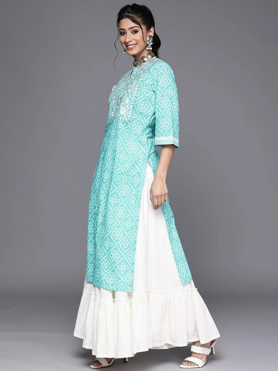 Turquoise Blue Yoke Design Cotton Kurta - Libas