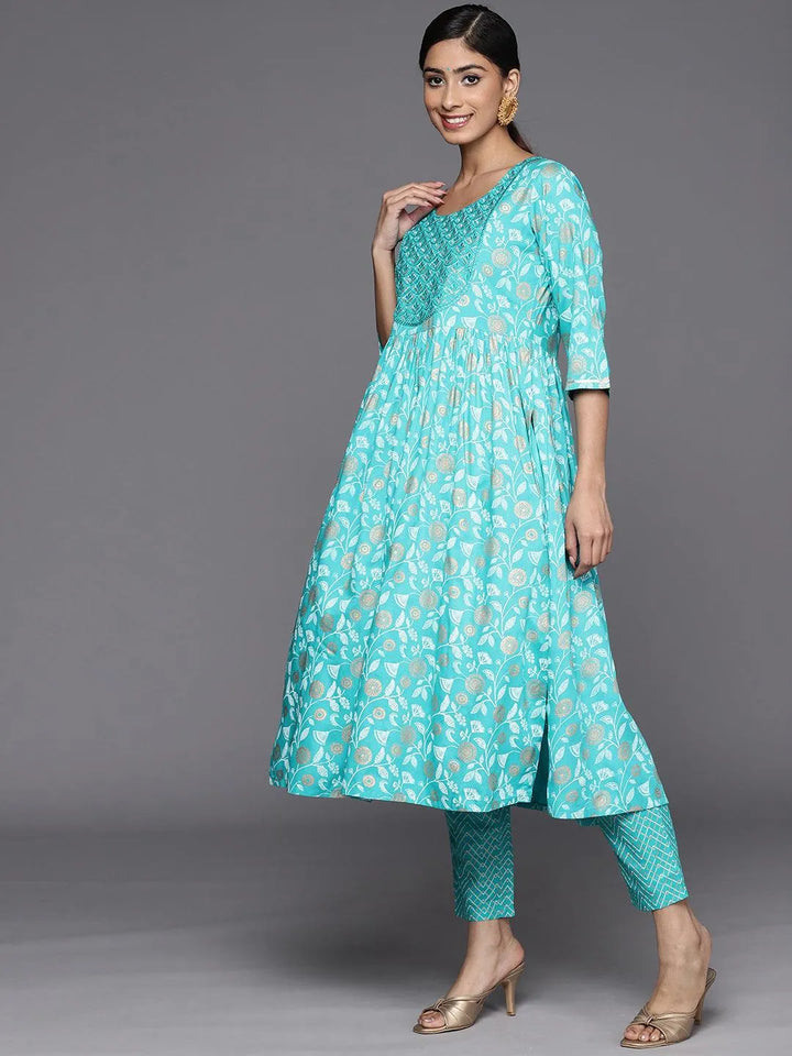 Turquoise Blue Yoke Design Rayon A-Line Suit Set With Trousers - Libas