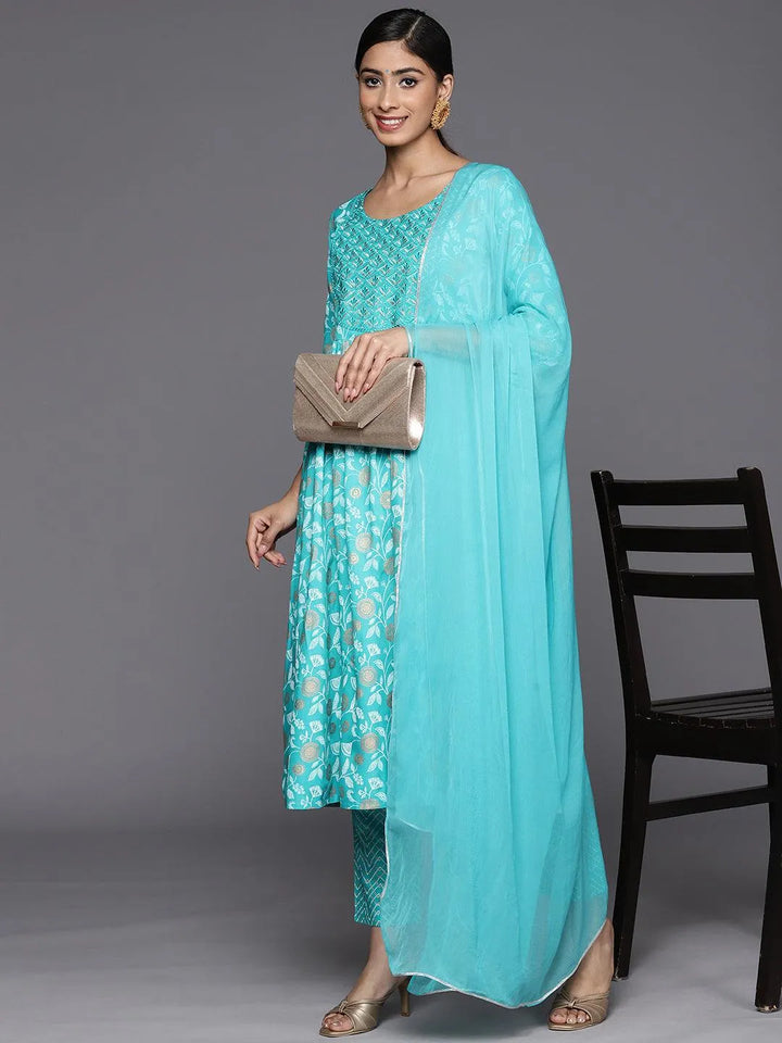 Turquoise Blue Yoke Design Rayon A-Line Suit Set With Trousers - Libas