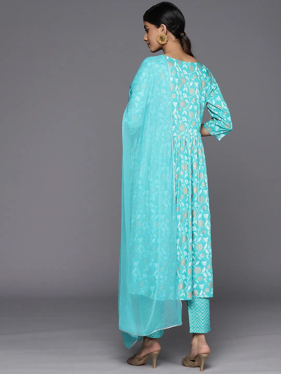 Turquoise Blue Yoke Design Rayon A-Line Suit Set With Trousers - Libas