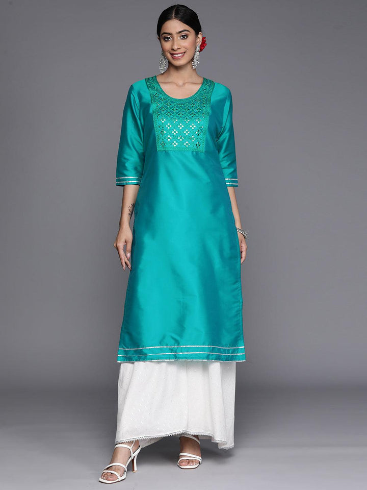 Turquoise Blue Yoke Design Silk Straight Kurta - Libas