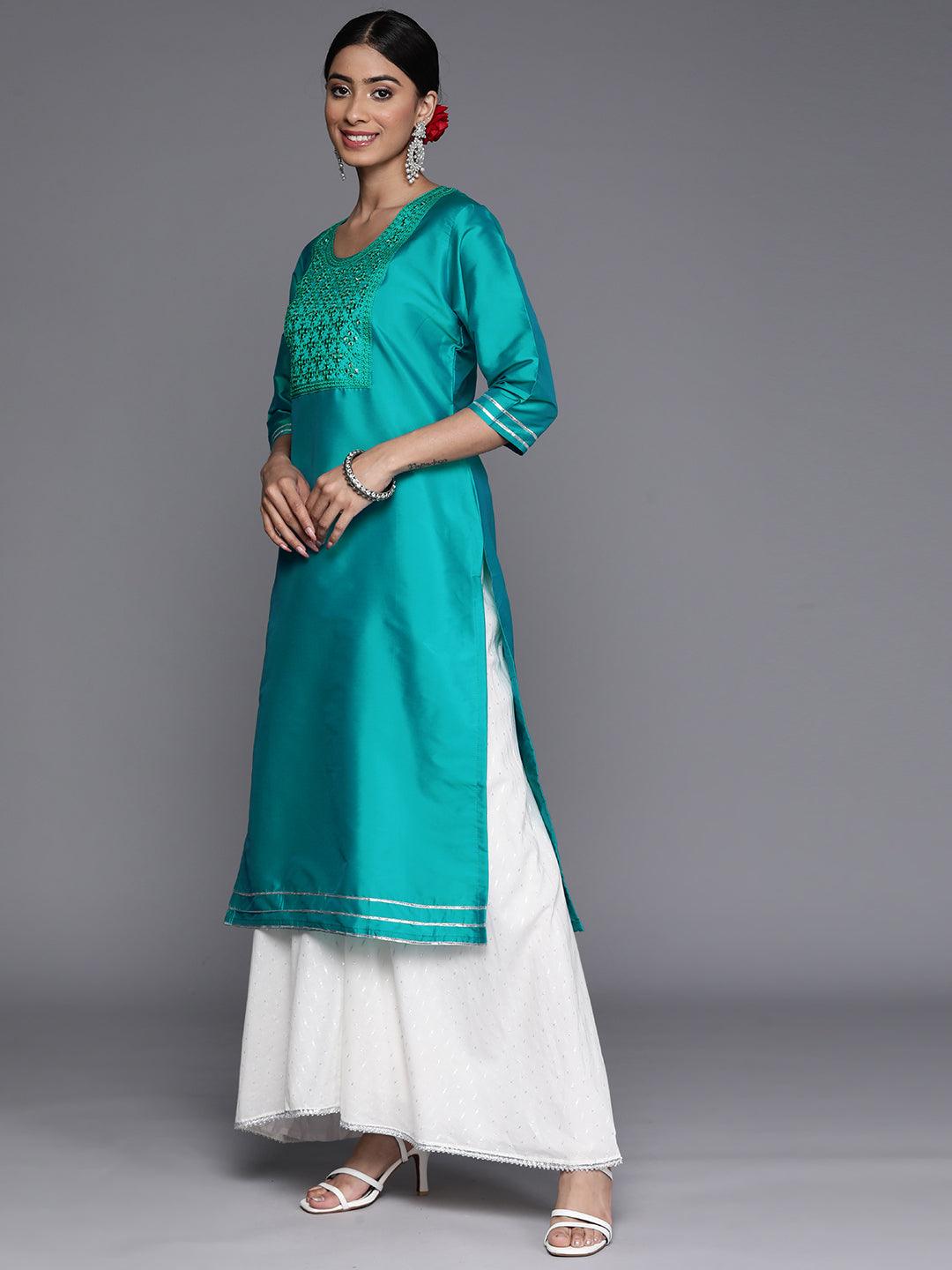 Turquoise Blue Yoke Design Silk Straight Kurta - Libas