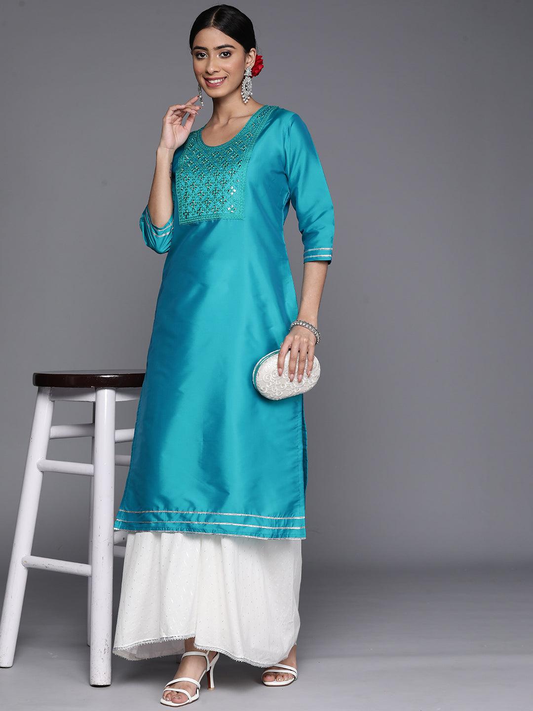 Turquoise Blue Yoke Design Silk Straight Kurta - Libas