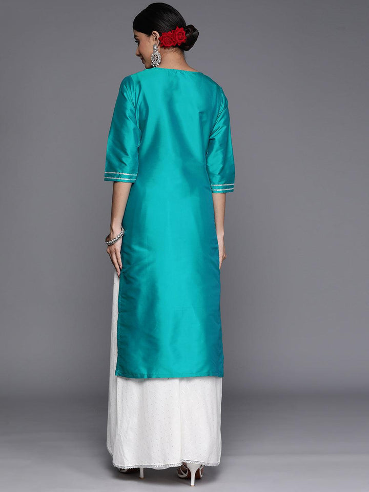 Turquoise Blue Yoke Design Silk Straight Kurta - Libas