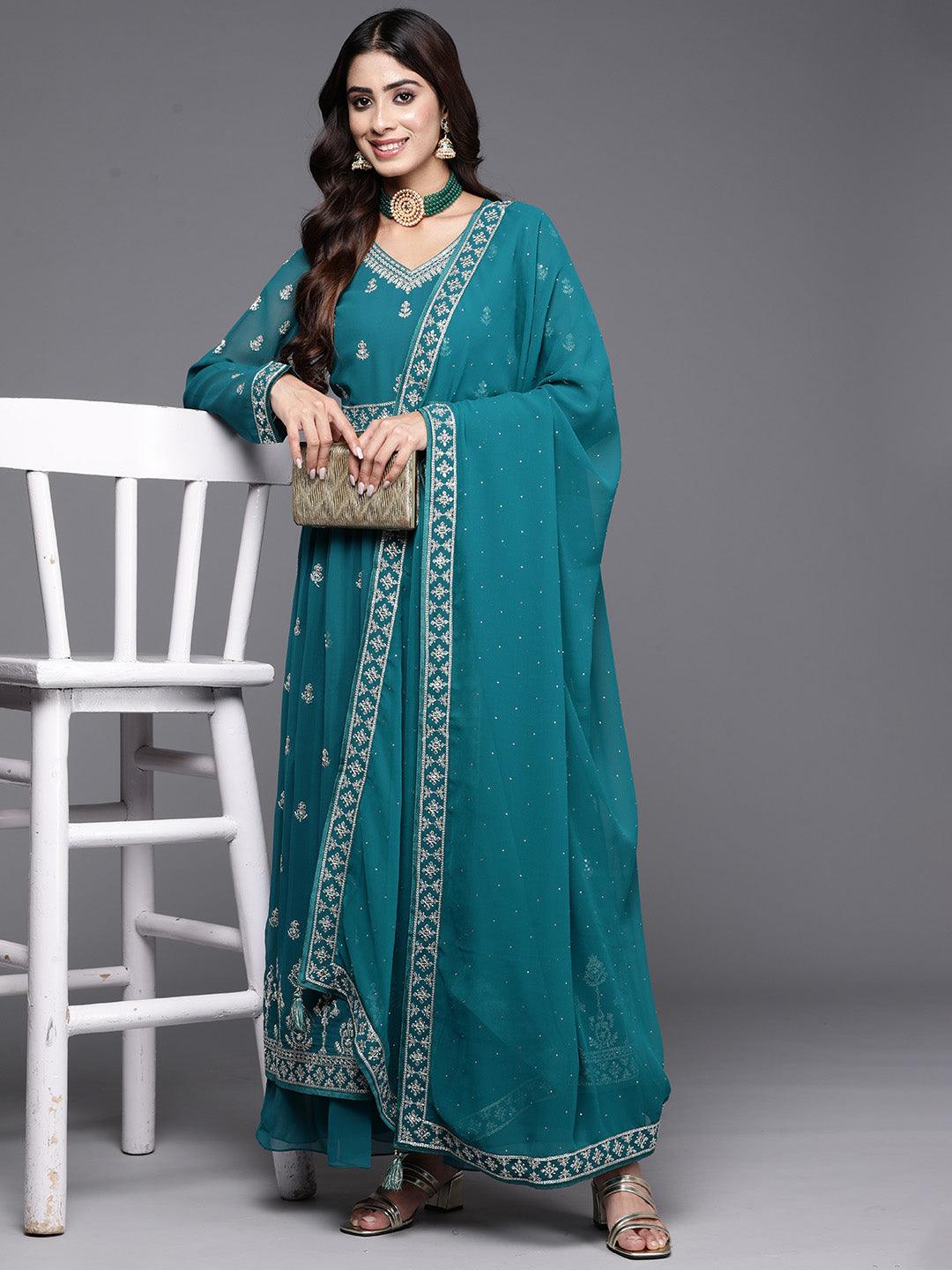 Turquoise Embroidered Georgette A-Line Kurta With Palazzos & Dupatta - Libas 