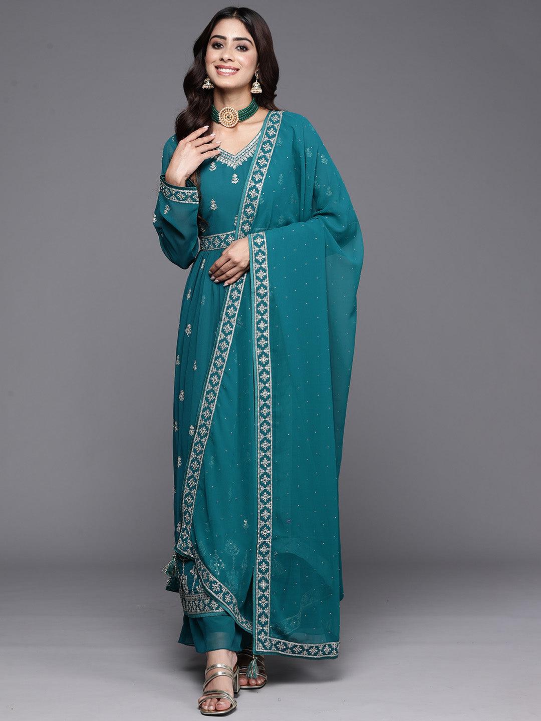 Turquoise Embroidered Georgette A-Line Kurta With Palazzos & Dupatta - Libas 